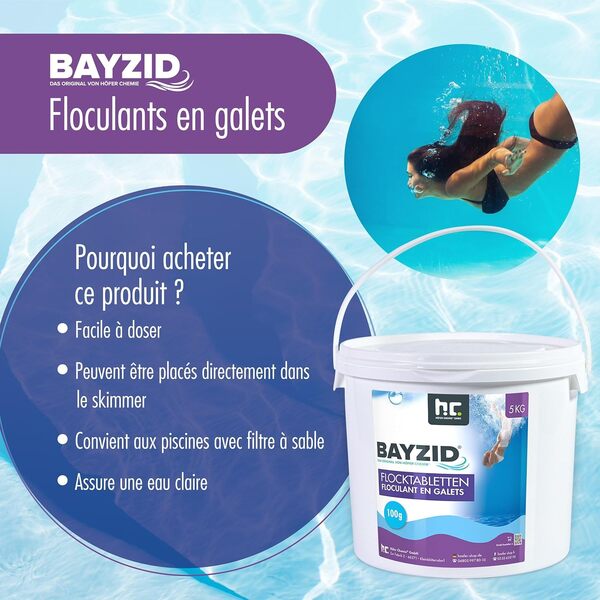 Höfer Chemie 4 x 5 kg (20 kg) BAYZID® Floculant en Galets (100g) pour Piscine – Élimine Les Impuretés Facilement, Galets à Dissolution Progressive pour Filtration à Sable, Eau Claire et Cristalline