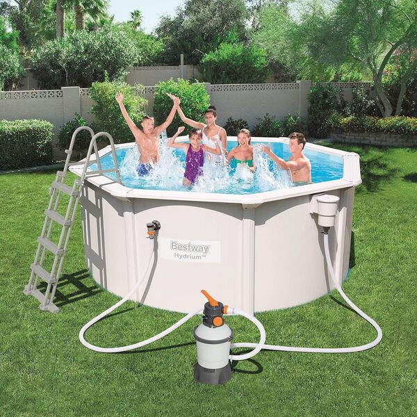 Bestway Hydrium Piscine 300 x 120 cm, Cap. 7 630, Filtre à Sable 58397 (2 006 Lt/H). Comprend : Tapis de Base, Skimmer Professionnel, échelle de sécurité et DVD, Blanc