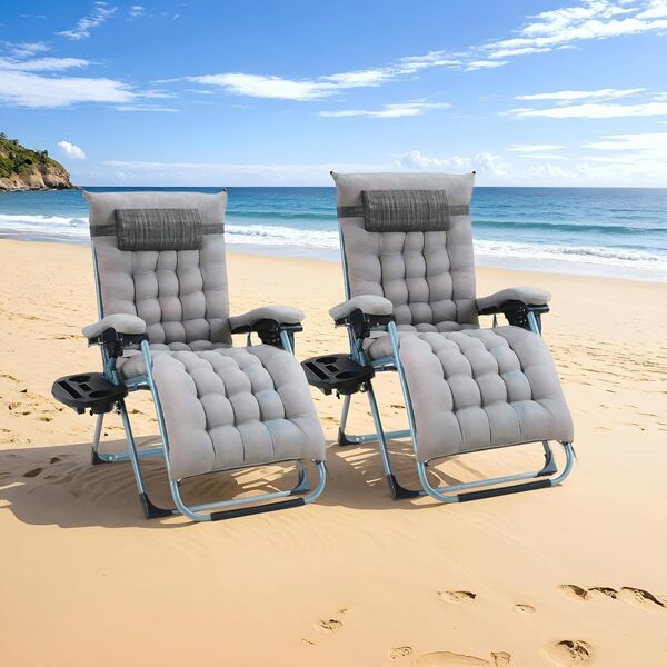 TLGREEN Lot de 2 transats Jardin extérieur Pliables, Bain de Soleil avec Coussin, Fauteuil élargie, Dossier réglable, Porte-gobelet, Charge Max 160 kg, pour Jardin,terrasse, Piscine (Gris)