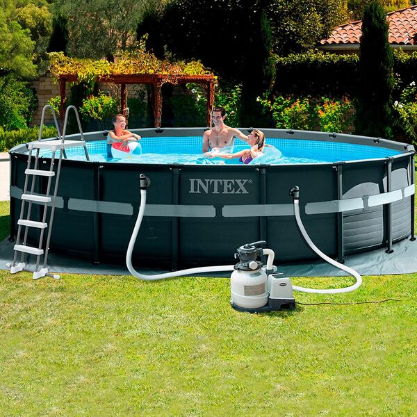 Intex 26330NP - Piscine Hors Sol Ultra XTR Frame Ronde, Pompe Filtre 7900 L/h, échelle, bâche de Base et Couverture, 26423 L, Acier et PVC, Gris, 549 x 132 cm