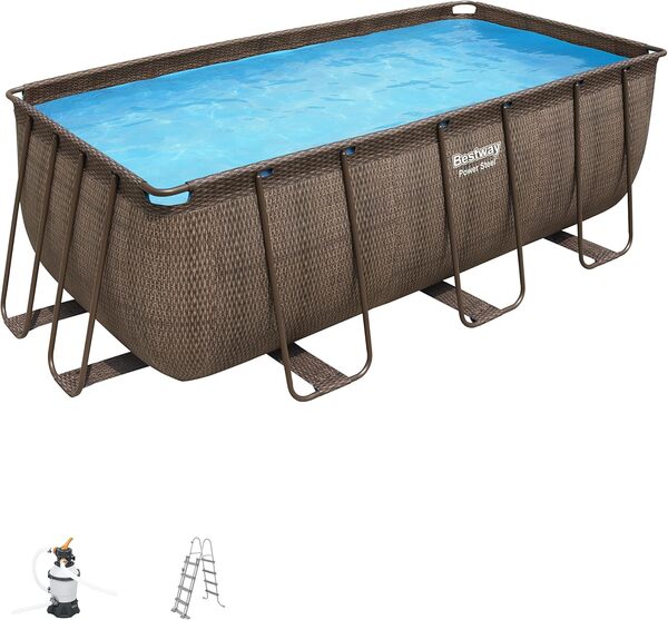 BESTWAY Piscine Hors Sol Rectangle Power Steel™ 412 x 201 x 122 cm rotin Marron avec Filtre à Sable, échelle