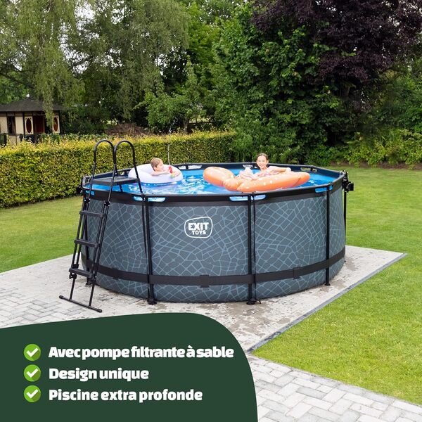 EXIT TOYS Piscine Wood - ø427x122cm - Grande Piscine Ronde à Cadre avec Pompe à Filtre à Sable - Piscine Extra Profonde - Cadre Solide - Échelle de Piscine Incluse - Design Unique - Marron