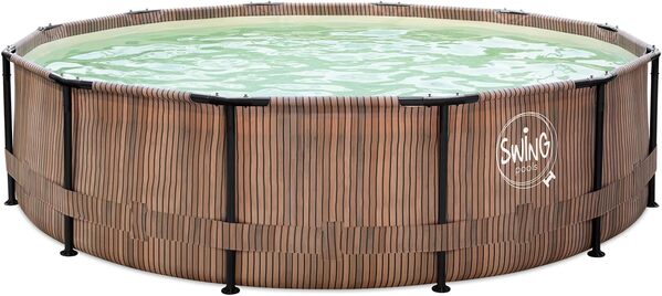 HAF® Swing Metal Frame Piscine avec les dimensions 366 x 91 cm + skimmer | Aspect bois marron naturel | Capacité d'eau env. 8 300 l | Piscine de qualité supérieure | Piscine de jardin/hors sol sans