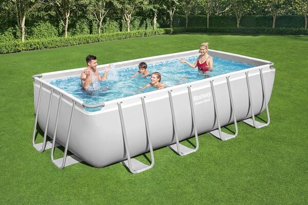 BESTWAY Piscine Hors Sol Rectangle Power Steel™ 488 x 244 x 122 cm Gris Clair avec Filtre à Cartouche, bâche, échelle