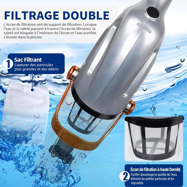 PoolyPoly 2025 Aspirateur de Piscine à Batterie Rechargeable, Aspirateur à Main sans Fil, Nettoyeur Électrique pour Piscine, Jacuzzi, Spa, 80 Minutes d'Autonomie, Argenté