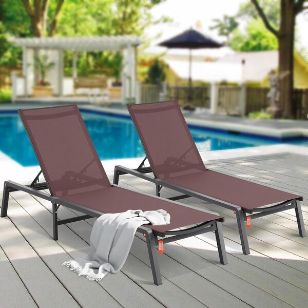 VEVOR Chaise Longue Jardin extérieur, Lot de 2, transat de Patio Pliable Aluminium avec 5 Positions réglables, chaises inclinables de Bronzage entièrement Plates pour Plage, Piscine, terrasse, Marron