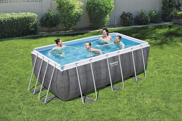 Bestway Power Steel Deluxe Frame Piscine rectangulaire avec Cadre en Acier Solide Livraison en kit Complet Aspect rotin 412 x 201 x 122 cm Marron