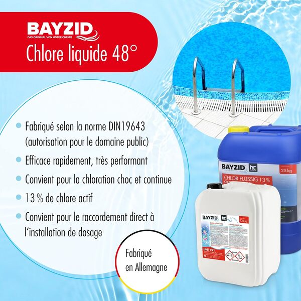 Bayzid® Chlore Liquide 48° – Désinfectant Rapide pour Piscine – Bidon 4 x 12,5 kg (50 kg) – 13-15% de Chlore Actif – Clarifiant Eau Cristalline – Idéal Spa, Jacuzzi, Pataugeoire