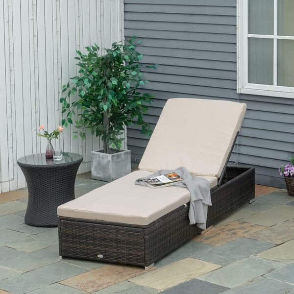 Bain de Soleil en rotin Outsunny PE avec Dossier inclinable en 5 Positions, Bain de Soleil de Jardin avec Coussins Amovibles, Marron