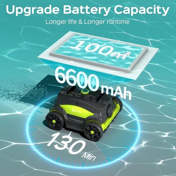 WINNY POOL CLEANER WY1103 Robot Piscine, Aspirateur Piscine sans Fil avec Batterie, 120 Min Autonomie, Double Moteur, LED, Filtre 180μm, Stationnement Auto, Piscines Hors-Sol 120m²(Vert-Noir A)