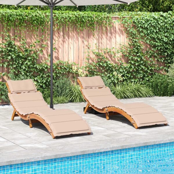vidaXL Lot de 2 Chaises Longues avec Coussins, Bain de Soleil, Transat de Terrasse, Siège de Jardin Patio Extérieur, Beige Bois Massif Acacia