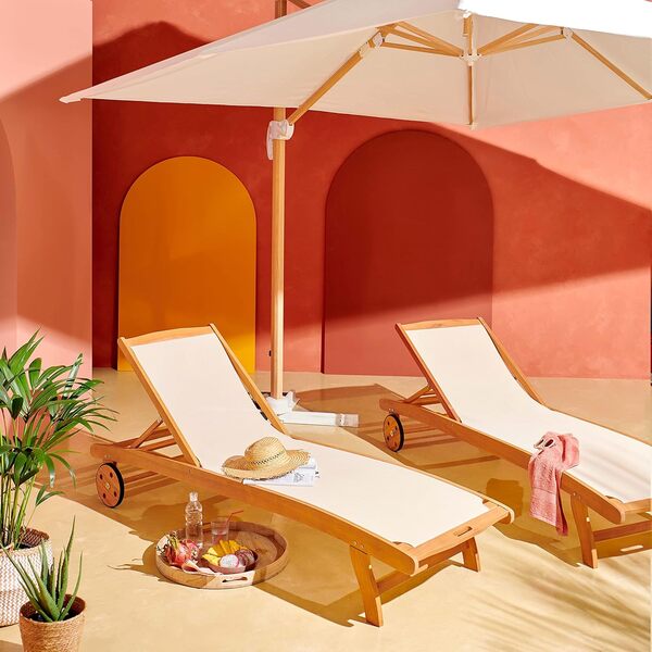 Oviala Lot de 2 Bains de Soleil en Bois inclinable avec Roues écru