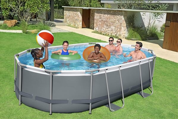 Bestway Power Steel Frame Pool Set Completo Con pompa filtro 488 x 305 x 107 cm, Grigio Ovale