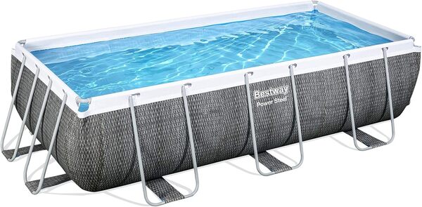 Bestway 56721 Power Steel - Piscine hors sol rectangulaire, 404 x 201 x 100 cm, pompe de filtration et distributeur ChemConnect inclus, effet rotin gris