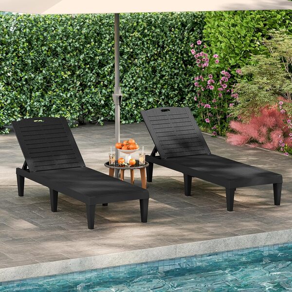 COSTWAY Lot de 2 Bains de Soleil, Chaise Longue Jardin Exterieur, Dossiers Réglables en 5 Positions, Charge 160 kg, 6 Pieds de Soutien, Transat Jardin pour Deck Plage Piscine, 156 x 55 x 83 cm (Noir)