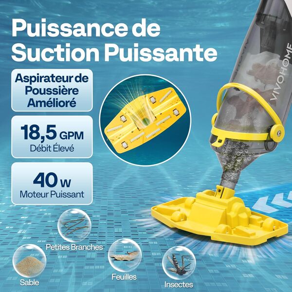 VIVOHOME Aspirateur de Piscine sans Fil avec Manche Télescopique 213cm Aspiration Puissante Jusqu'à 18,5 GPM 60 Minutes d'autonomie Nettoyeur de Piscine Portable Rechargeable pour Piscines Spas