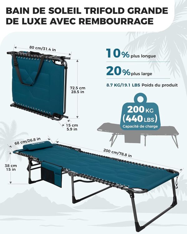 KingCamp XL Bain de Soleil en Coton épais 5 Positions Réglable Chaise Longue Inclinable Pliable avec Oreiller Rembourré Charge Max 200kg Lit de Camping Pliant pour Patio Jardin Plage Pêche 200x68x38cm