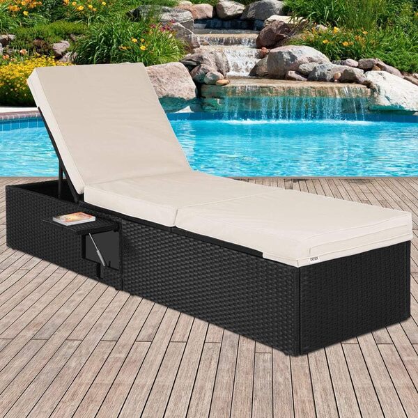 Casaria® Chaise Longue Noir crème extrémités réglables 7 Positions Bain de Soleil polyrotin Chaise d'extérieur transat