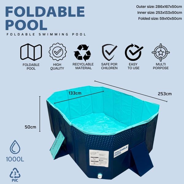 INDUSTEX Piscine Pliable Foldable Pool, Piscine pour Enfants et Adultes Portable, Amovible, Baignoire - N'inclut Pas Les Composants (Mesure Interne 253 x 133 x 50 cm)