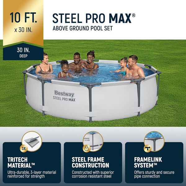 Bestway Steel Pro Max Piscine extérieure Hors Sol Ronde avec Cadre en métal de 3 m x 76,2 cm avec Pompe filtrante de 330 GPH