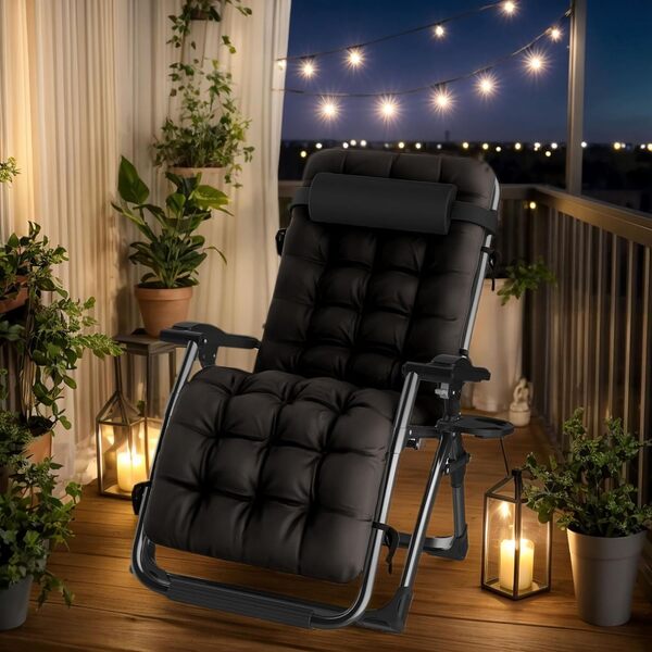 Fiutazge 83cm Ultra-Large Transat Jardin Exterieur avec Coussin Rembourré, Appuie-TêTe, Porte-Gobelet, Bain de Soleil, Chaise Longue Pliante avec Dossier RéGlable pour Jardin,Balcon,Plage,Noir