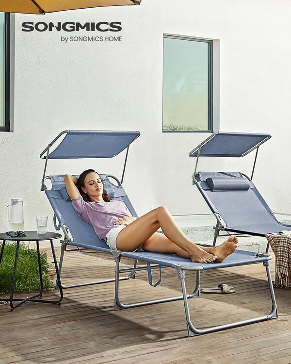 SONGMICS Bain de Soleil Grand, Chaise Longue Pliable, Transat, 71 x 200 x 38 cm, Capacité de Charge 150 kg, avec Pare-Soleil, Dossier Inclinable, pour Jardin, Piscine, Terrasse, Bleu GCB022Q01