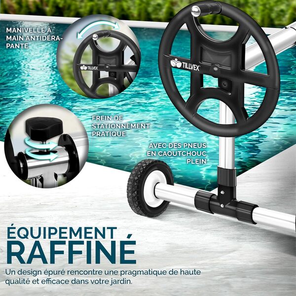 tillvex Enrouleur de Piscine 3-5,70 m avec pneus Pleins | Système d'enroulement pour bâche Solaire | Dispositif de déroulement pour bâche et Couverture de Piscine | avec Pattes de Fixation