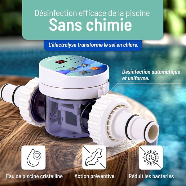 poolomio® Chlorinateur pour piscines jusqu'à 20 m³ avec Commande Intelligente par Application - Électrolyseur au sel 5 g/h pour désinfection de Piscine sans Produits Chimiques - Générateur de Chlore