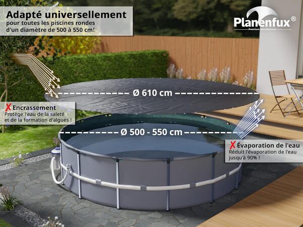 Planenfux® Bache Piscine Ronde de diamètre 500-550 cm | Bâche de Piscine Ronde été et Hiver en polyéthylène 200g/m² | Bache de Protection résistante au Chlore & aux UV avec Fonction Solaire | Ø610cm