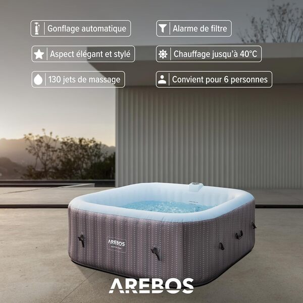 Arebos Spa Gonflable 2400W | Piscine d'extérieur | pour 6 Personnes 185x185cm | 130 Buses de Massage | 910 L avec Chauffage | Gonflage par Bouton-Poussoir | Couverture Incluse