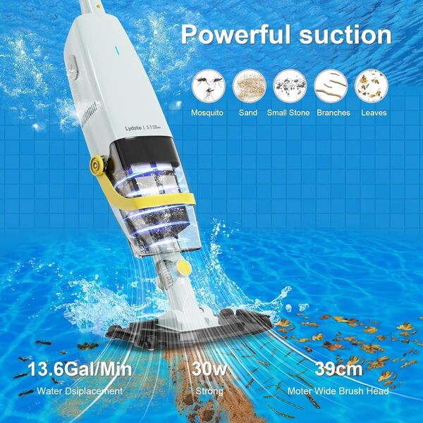 Lydsto S1 Aspirateur Piscine sans Fil avec Perche Rétractable, Aspirateur Manuel Durée de Fonctionnement Jusqu'à 60 Min, pour Piscines Souterraines et Hors Sol, Spas et Jacuzzis