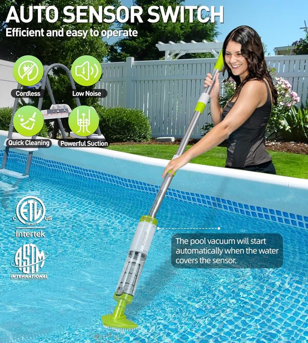 Aspirateur de piscine portatif sans fil, démarrage automatique pour jacuzzi avec 3 têtes de brosse, batterie de charge rapide 2 h, aspirateur de piscine en fonctionnement 90 minutes, aspirateur de