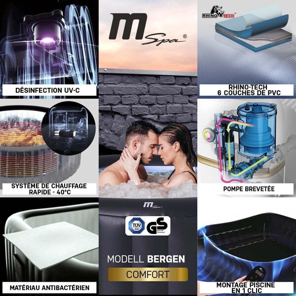 Miweba MSpa Spa Gonflable Extérieur Bergen C-BE041 | Rond ⌀ 180,0 cm - Spa Gonflable 4 Personnes - Nettoyage UV-C - Jusqu'à 1077 L - 40°C - Télécommande - 118 Jets (4 Personnes)