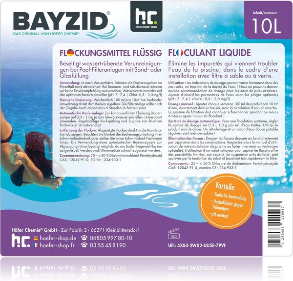Höfer Chemie BAYZID® 4 x 10 L (40 l) Floculant Liquide pour Piscine - Clarifiant Ultra - Efficace pour Eau Limpide, Compatible Filtres à Sable, Fabriqué en Allemagne