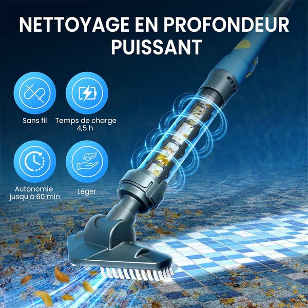 Aspirateur de piscine 2 en 1, rechargeable, autonomie jusqu'à 45 minutes, aspirateur de piscine pratique, idéal pour les jacuzzi, les spas et les petites piscines – Élimine le sable et la saleté