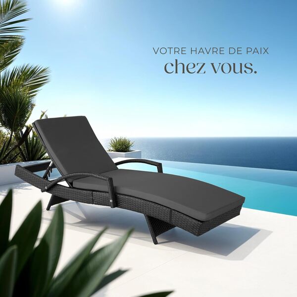 TecTake® Chaise Longue Bain de Soleil en Résine Tréssée Aluminium Résistant Dossier Inclinable sur 5 Positions, Transat Salon de Jardin Exterieur Mobilier de Jardin Chaise Longue Relax Plage