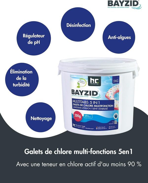 Höfer Chemie 4 x 5 kg Galets Chlore 200g Multifonction 5 en 1 pour Piscine - Entretien et Nettoyage en 5 Phases - Fabriqué en Europe - pour Une Eau Limpide