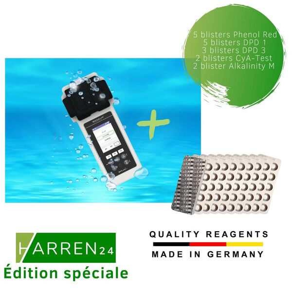 harren24 Poollab 2.0 Special Edition - Testeur électronique de piscine (photomètre) - 170 comprimés rouges de phénol pour test de la valeur du pH et du chlore - Accessoires de piscine (avec DPD1,