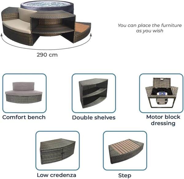 NETSPA N Mobilier Seul - Vita 140 - pour Spa - SP-MOB140R - Ensemble de 5 Modules Complémentaires - Compatible avec Spa Semi-Rigide Vita - Bancs Confortables en PVC Tressé/Structure Aluminium