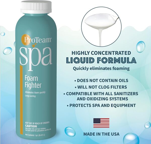 ProTeam Spa Foam Fighter – Éliminateur de mousse de spa aide à la mousse du duvet pour jacuzzi avec guide d'entretien SplashWiz des produits chimiques pour jacuzzi – Fabriqué aux États-Unis (1 pt)