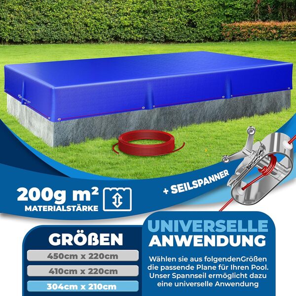 KESSER® Bâche de piscine solaire rectangulaire 304 x 210 cm 200 g/m² PE avec câble en acier + tendeur de câble avec œillets - Bâche solaire résistante aux UV et aux intempéries - Pour l'été et l'hiver
