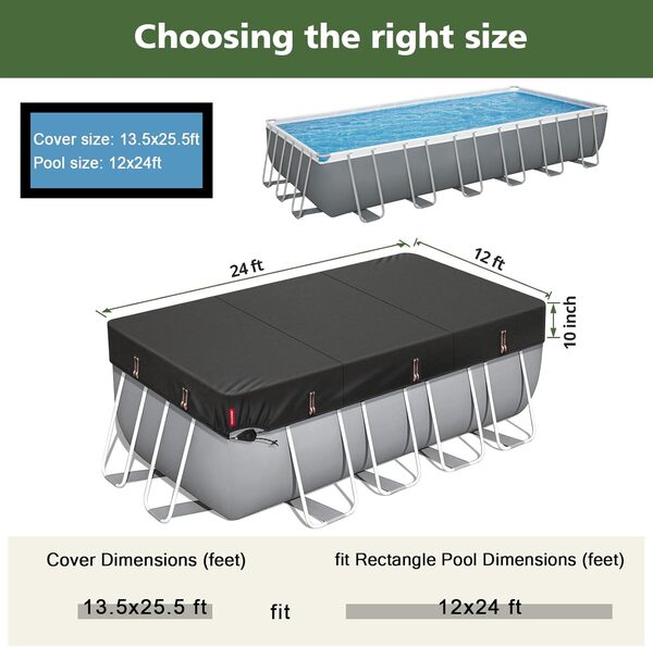 QH.Home Housse de Piscine rectangulaire de 3,7 x 7,6 m avec cliquet breveté à Serrage Rapide, Couverture de Piscine Hors-Sol avec Anneaux de Charge