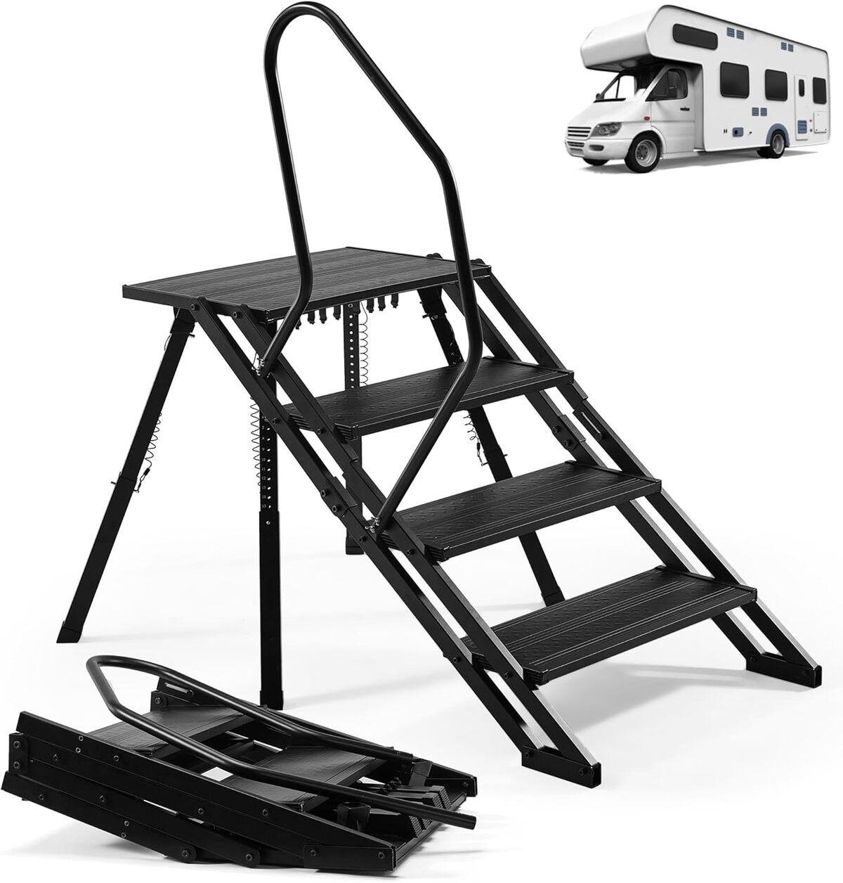Test : escalier pliable en aluminium 4 marches avec main courante pour camping-car