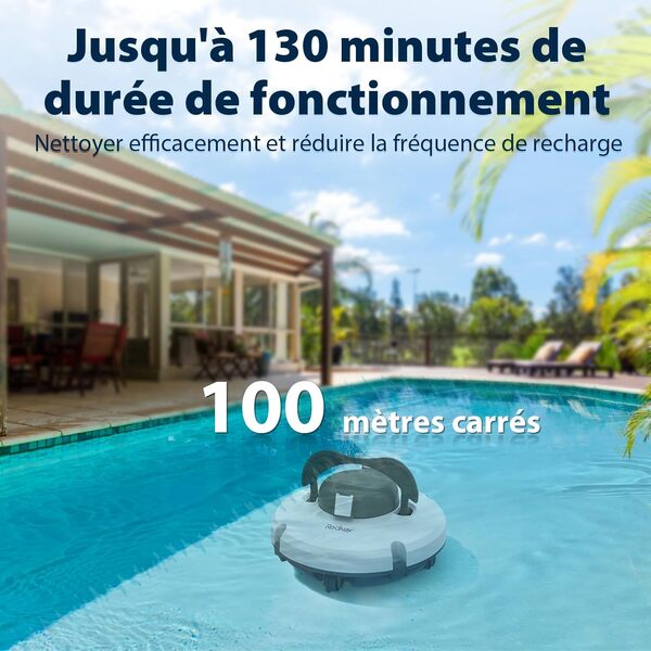 Redkey S100 Robot Piscine Sans Fil, 130 Min de Nettoyage Puissant, Pente de 18°, Deux Moteurs Puissants et Brosses, Automatique de Stationnement, Aspirateur Piscine pour Piscines Hors Sol jusqu'à 100㎡