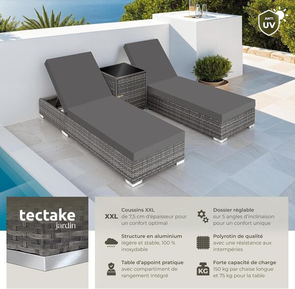 TecTake® Set de 2X Chaise Longue Bain de Soleil avec Dossier réglable + Table de Jardin en Aluminium et Resine Tressee + 2 Set de Housses + Housse de Protection Piscine Balcon Jardin - Gris