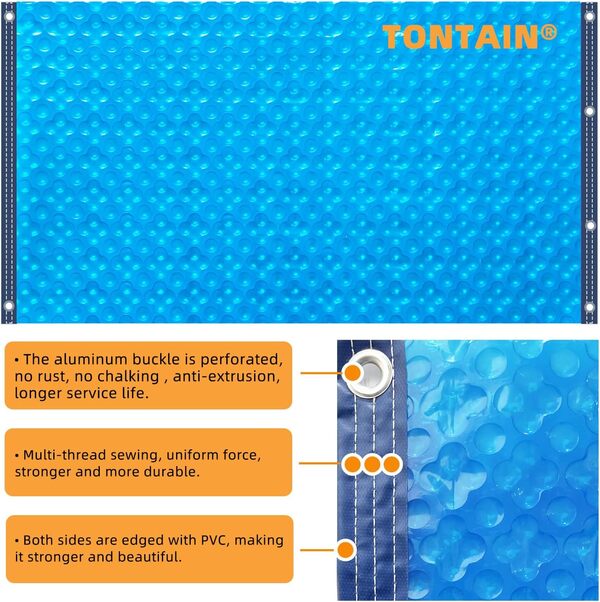 Bâche solaire pour piscine – Couverture solaire rectangulaire à quatre bulles de 16 mm, série 1600, rétention de chaleur, bord en PVC, boucle en aluminium – 4,8 x 10,1 m