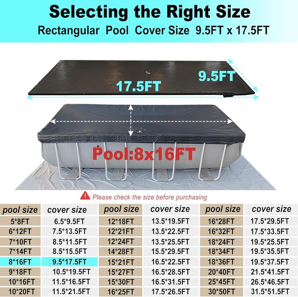 Bâche de Piscine rectangulaire de 2,4 x 4,8 m avec Rangement latéral pour Piscine Hors Sol Ovale et rectangulaire, Couverture Solaire Ovale en Une pièce, empêche l'engorgement, résistante aux