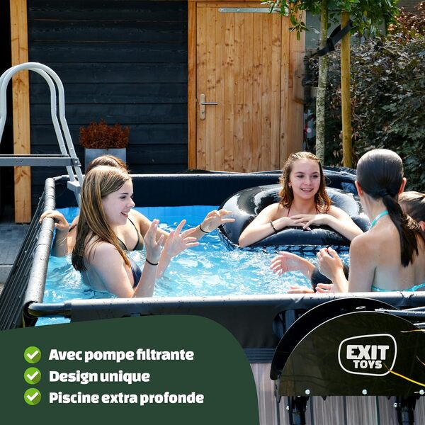 EXIT TOYS Piscine Wood - 400x200x122cm - Grande Piscine à Cadre rectangulaire avec Pompe à Filtre à Cartouche - Piscine Extra Profonde - Cadre Solide - Comprend échelle de Piscine - Marron