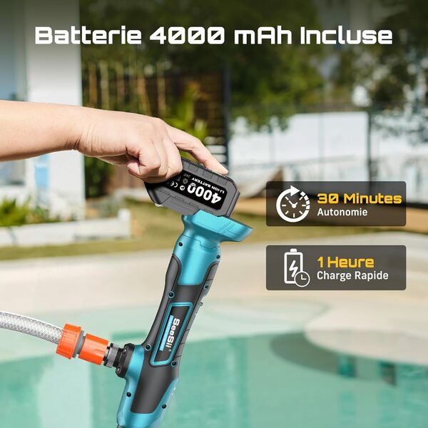SEESII Pompe de Transfert d'Eau Sans Fil, avec Batterie 4000mAh 21V et Chargeur, 720GPH, Hauteur de Refoulement de 32 Pieds, Pompe Portative avec Sortie de 3/4 Pouce pour Vidange de Piscine/Jardin