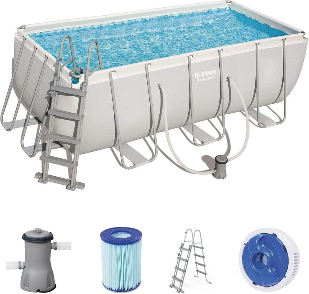 Test Bestway piscine rectangulaire avec cadre acier et pompe filtration 412x201x122 cm gris